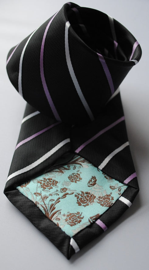 black tie with  thin purple and white stripes